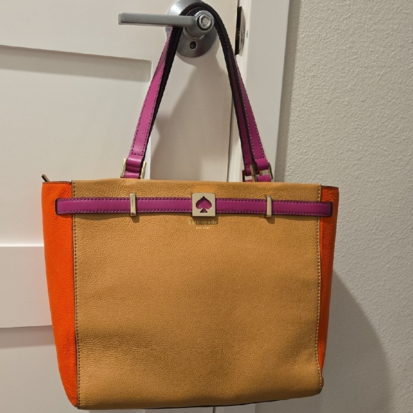 kate spade Handbags - Kate Spade Colorblock Leather Tote Orange Pink Tan Shoulder Work Bag Spring